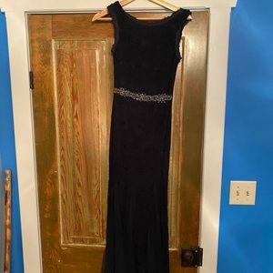 Navy blue formal dress with beautiful beading on waste